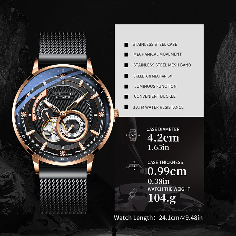 Sollen SL356 Men's Real Diamond Open Heart Automatic Watch - 42mm Stainless Steel Case Slim 9.9mm Sapphire Crystal Miyota Movement Bracelet Wristwatch