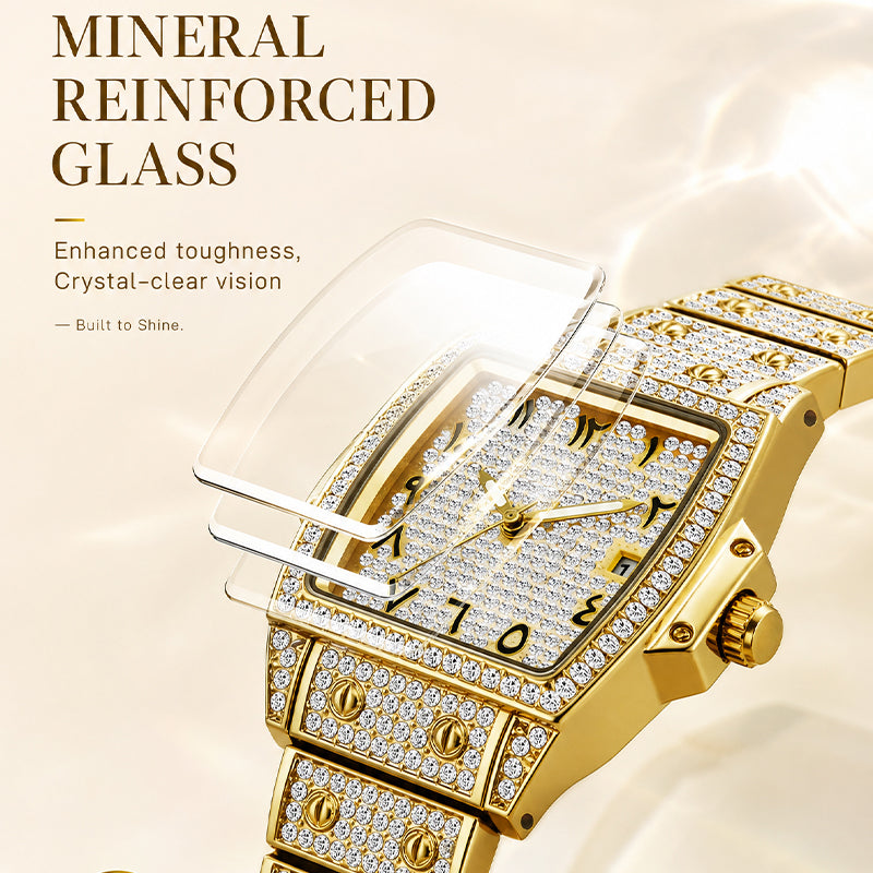 BELBI BELBL-8246 Live Edition Men's Iced Out Watch - Luxury Full Crystals Encrusted Tonneau Case Pave Dial Eastern Arabic Numerals 3H Date Metal Band Hiphop Wristwatch