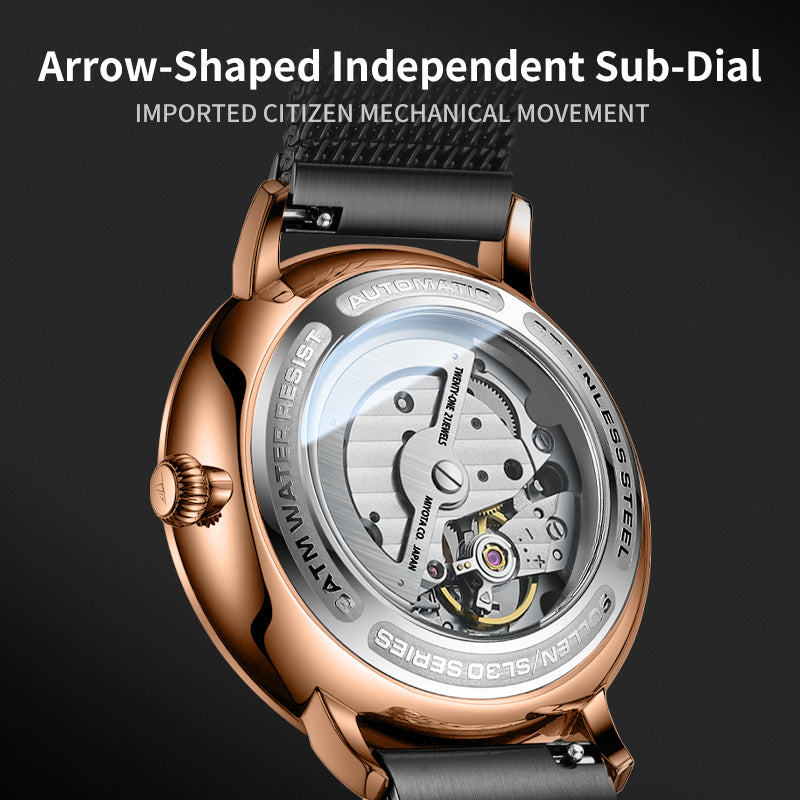 Sollen SL365 Men's Open Heart Automatic Mechanical Watch - 42mm Stainless Steel Case Slim 9.9mm Miyota 82S5 Movement Small Seconds Mesh Bracelet Wristwatch