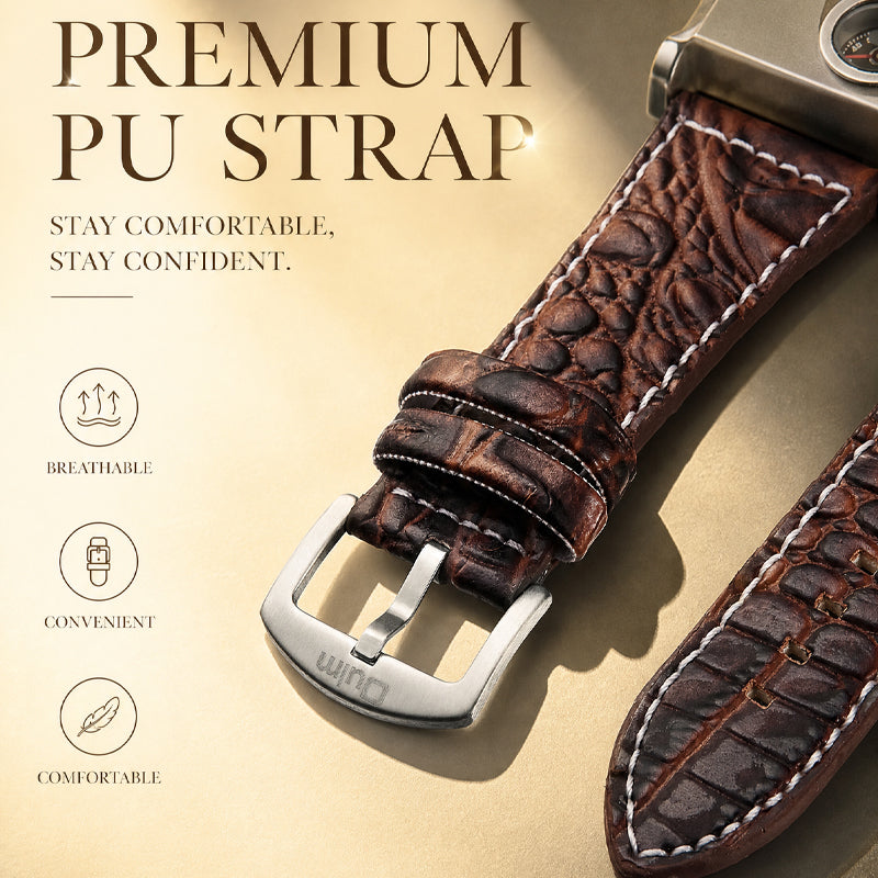 Oulm HP1349 Quartz Watch - Live Edition Men's Heavy Steampunk Dual Time Zone Industrial Matte Case Luminous Hands Compass Wide Leather Strap Tactical Wristwatch