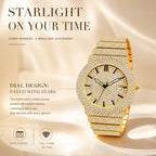 BELBI BELBL-8235 Live Edition Men's Iced Out Watch - Luxury Full Crystals Encrusted Round Case Gold Dial Date Window Stainless Steel Band Hiphop Wristwatch