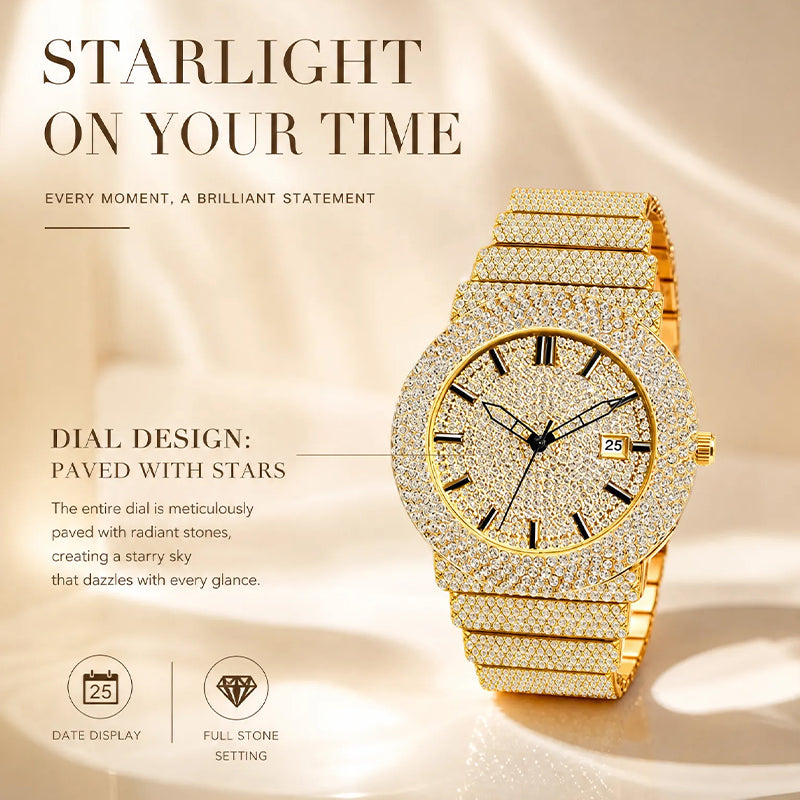 BELBI BELBL-8235 Live Edition Men's Iced Out Watch - Luxury Full Crystals Encrusted Round Case Gold Dial Date Window Stainless Steel Band Hiphop Wristwatch