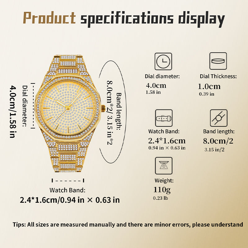 BELBI BELBL-8138 Live Edition Men's Iced Out Watch - Luxury Full Crystals Encrusted Geometric Bezel Pave Gold Dial Metal Band Hiphop Wristwatch