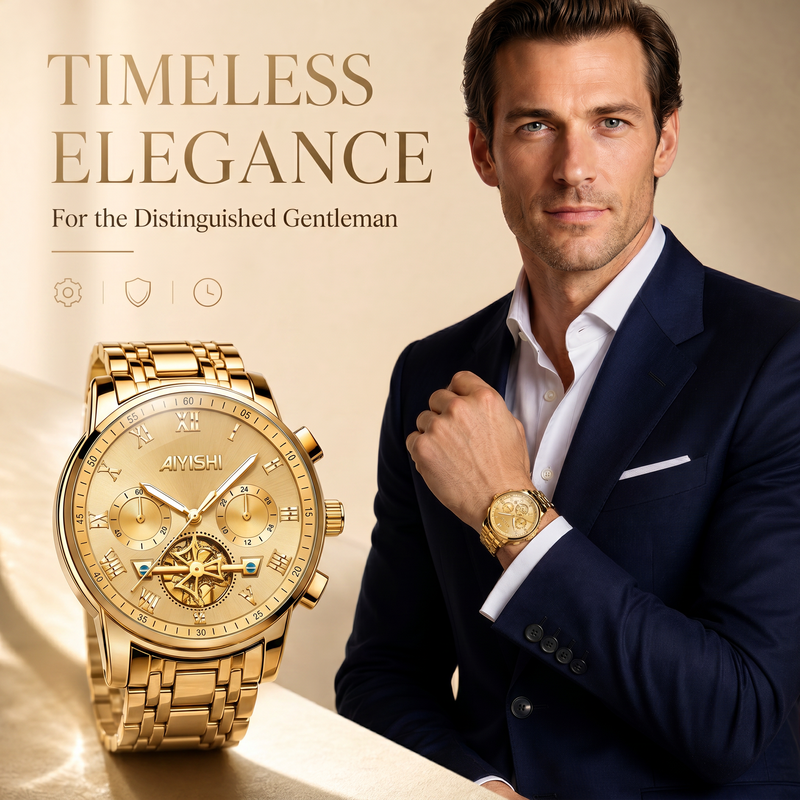 AIYISHI ASY2316 Quartz Watch - Live Edition Men's Luxury 41mm Flywheel Mechanical Style Face Luminous Hands Steel Link Bracelet Wristwatch