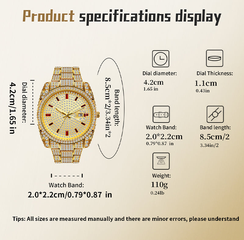 BELBI BELBL-8137 Live Edition Men's Iced Out Watch - Luxury Full Crystals Encrusted Round Case Pave Dial Ruby Red Indices 3H Date Metal Band Hiphop Wristwatch