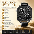 Oulm HP1169 Quartz Watch - Live Edition Men's Heavy Steampunk Dual Time Zone Industrial Black Case Luminous Hands Compass Leather Strap Tactical Wristwatch