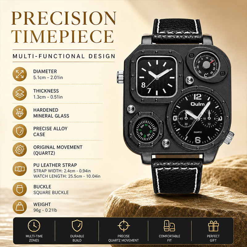 Oulm HP1169 Quartz Watch - Live Edition Men's Heavy Steampunk Dual Time Zone Industrial Black Case Luminous Hands Compass Leather Strap Tactical Wristwatch