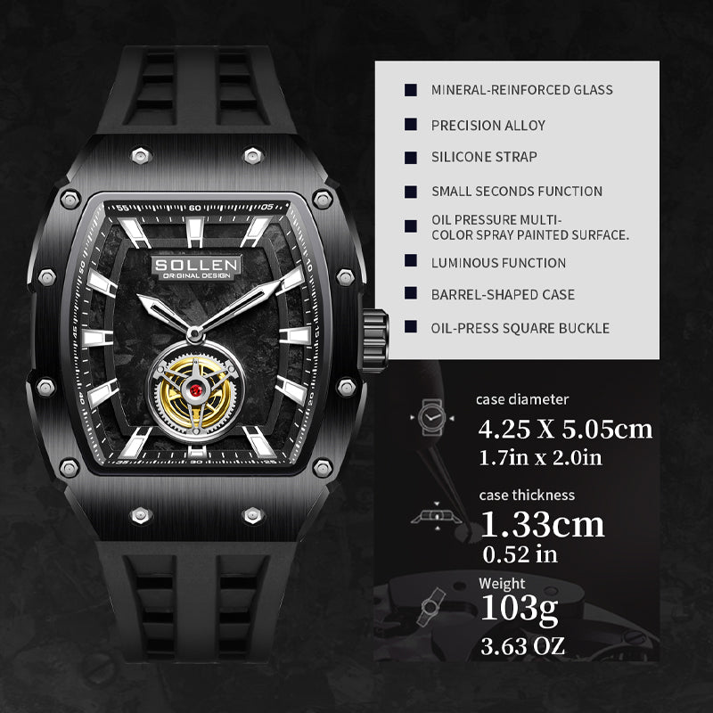 Sollen SL727 Quartz Watch - Men's Tonneau Case 3D Textured Dial Performance Silicone Strap Wristwatch