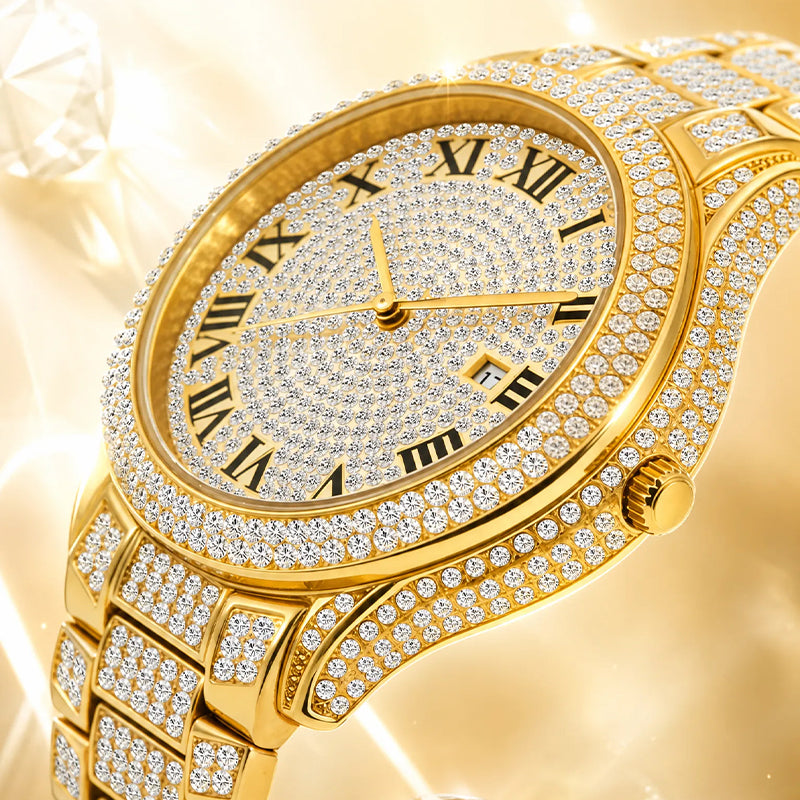 BELBI BELBL-8242 Live Edition Men's Iced Out Watch - Luxury Full Crystals Encrusted Roman Numerals Gold Dial Date Window Metal Band Hiphop Wristwatch
