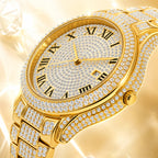 BELBI BELBL-8242 Live Edition Men's Iced Out Watch - Luxury Full Crystals Encrusted Roman Numerals Gold Dial Date Window Metal Band Hiphop Wristwatch