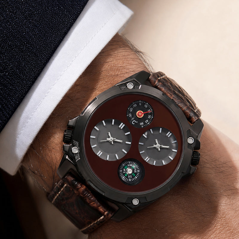 Oulm HP9139 Quartz Watch - Live Edition Men's Heavy Steampunk Dual Time Zone Industrial Black Case Luminous Hands Compass Leather Strap Tactical Wristwatch