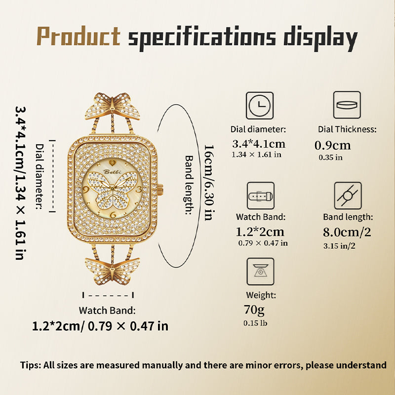 BELBI BL8214 Quartz Watch - Live Edition Luxury Full IPG Gold Crystal Pavé Butterfly Motif Mother-of-Pearl Dial Jewelry Bangle Bracelet Wristwatch