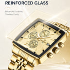 REWARD RD 81100M Quartz Watch - Live Edition Men's Luxury Rectangular Cushion Case Full Chronograph Luminous Hands Date Window Stainless Steel Band Wristwatch