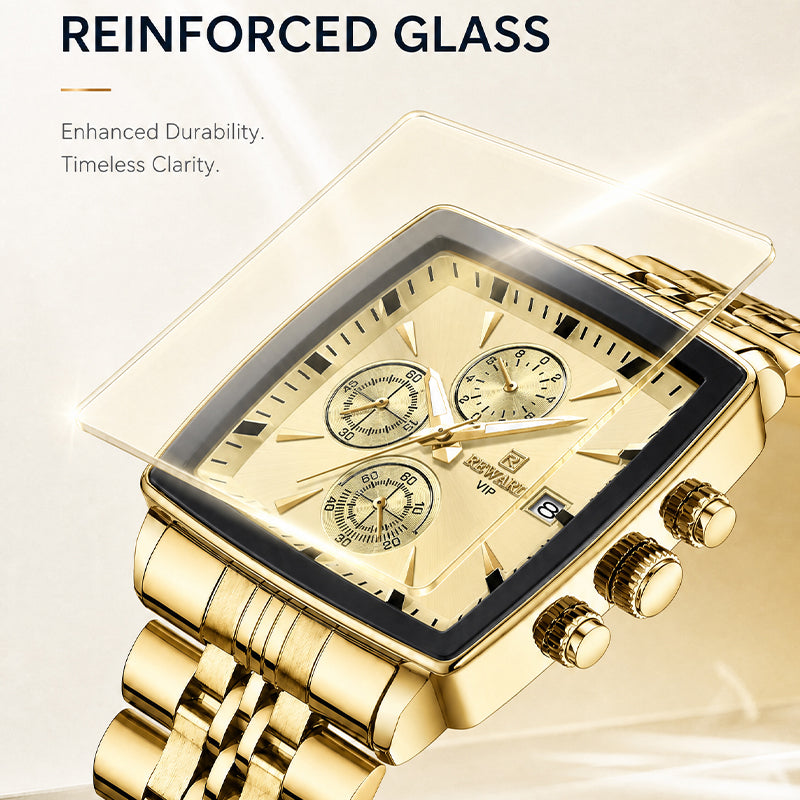 REWARD RD 81100M Quartz Watch - Live Edition Men's Luxury Rectangular Cushion Case Full Chronograph Luminous Hands Date Window Stainless Steel Band Wristwatch