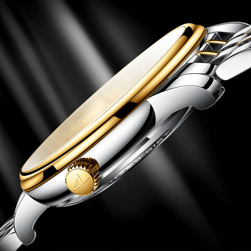 Sollen 9050 Automatic Watch - Men's Dual Calendar Sunray Dial 9-Bead Stainless Steel Bracelet Wristwatch