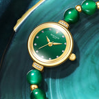 Sollen SL475 Quartz Watch - Women's Gold Green Chalcedony Beaded Bracelet Genuine Diamond Wristwatch