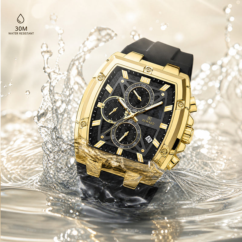 REWARD RD 832261M Live Edition Men's Luxury Sport Watch - Chronograph 6-Hand Multi Function Tonneau Armor Case Date Window Silicone Strap Wristwatch