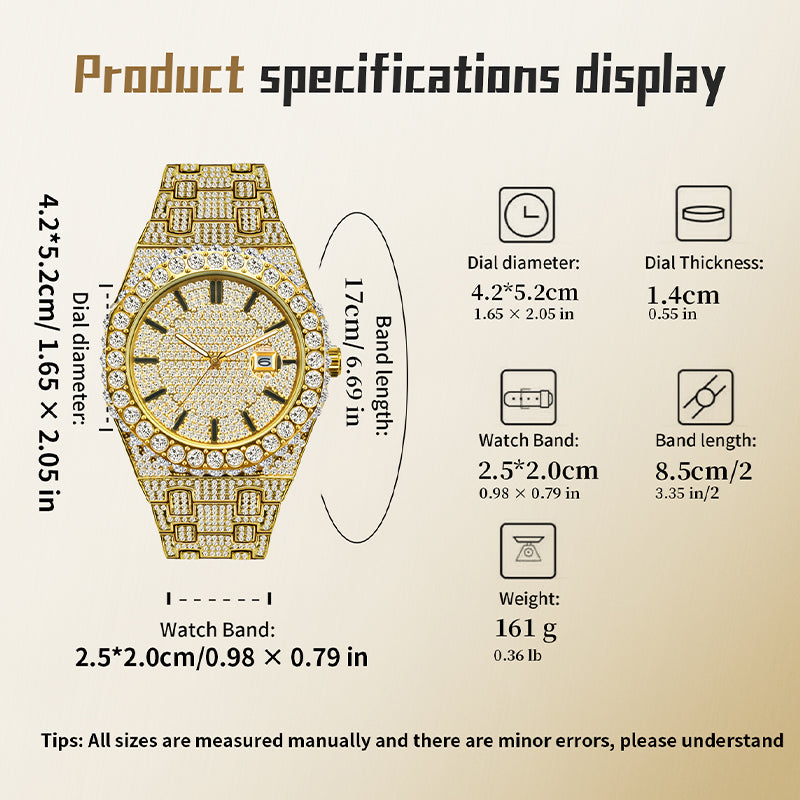 PRECIOUS 8243 Live Edition Men's Iced Out Watch - Luxury Large Crystal Bezel Pave Dial Date Window Metal Band Hiphop Sport Wristwatch
