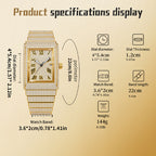 KDW KDW8337G Quartz Watch - Live Edition Men's Luxury Heavy 54mm Full Iced-Out Crystal Pavé Square Case Roman Numeral Day-Date Fully Encrusted Wide Link Bracelet Wristwatch