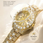 MISSFOX V380L Live Edition Men's Iced Out Watch - Luxury Large Crystal Bezel Pave Roman Numerals Dial Date Window Metal Band Hiphop Wristwatch