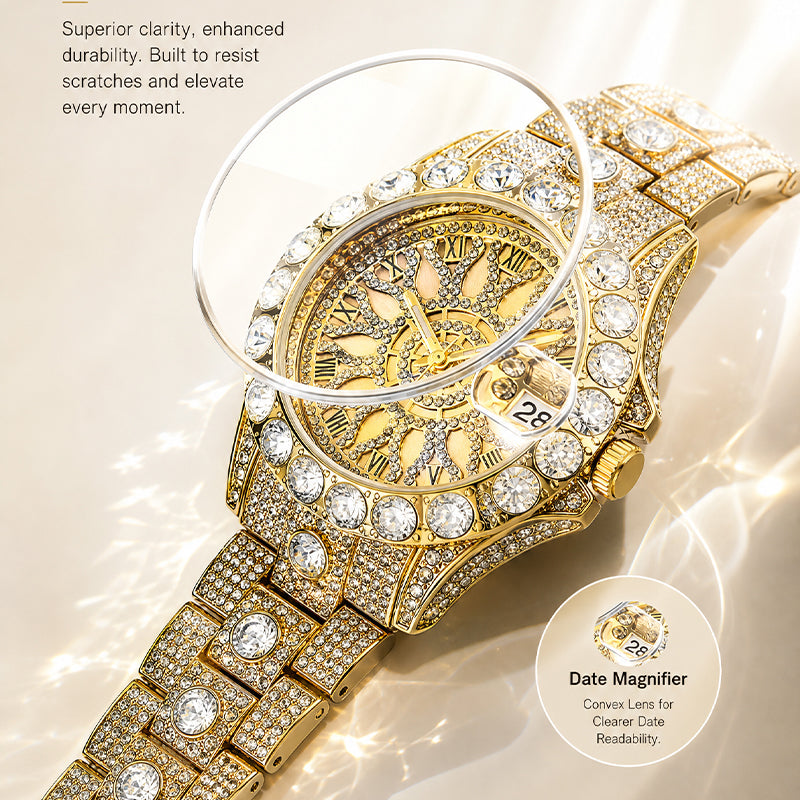 MISSFOX V380L Live Edition Men's Iced Out Watch - Luxury Large Crystal Bezel Pave Roman Numerals Dial Date Window Metal Band Hiphop Wristwatch