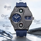 BOSME HP9167 Quartz Watch - Live Edition Men's Heavy Steampunk Dual Time Zone Industrial Black Case Luminous Hands Compass Silicone Strap Tactical Wristwatch