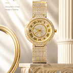 MISSFOX V377L Live Edition Men's Fully Iced Out Quartz Watch - 44mm Case Roman Numerals Pave Diamond Dial Coated Glass Metal Band Wristwatch