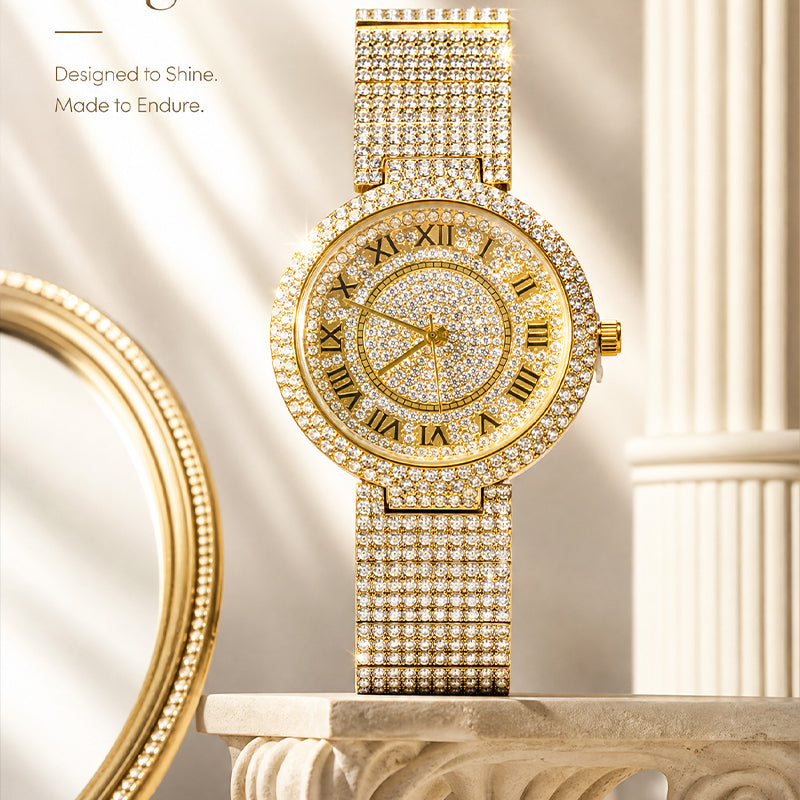 MISSFOX V377L Live Edition Men's Fully Iced Out Quartz Watch - 44mm Case Roman Numerals Pave Diamond Dial Coated Glass Metal Band Wristwatch