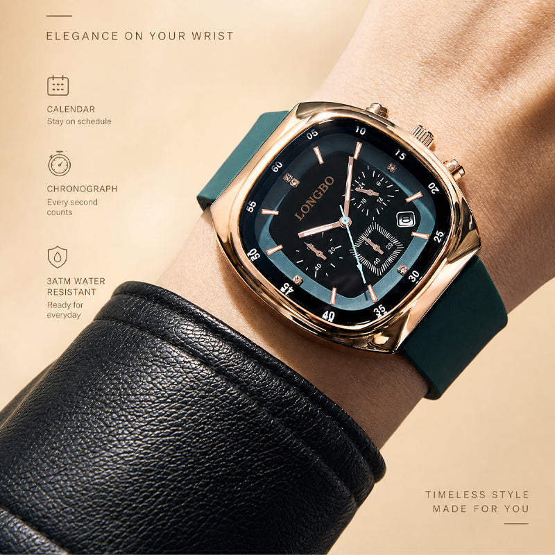 LONGBO LB83920 Live Edition Men's Modern Sport Watch - Sleek TV Shaped Rectangle Case Oil Pressed Dial 4:30 Date Lightweight Silicone Strap Wristwatch