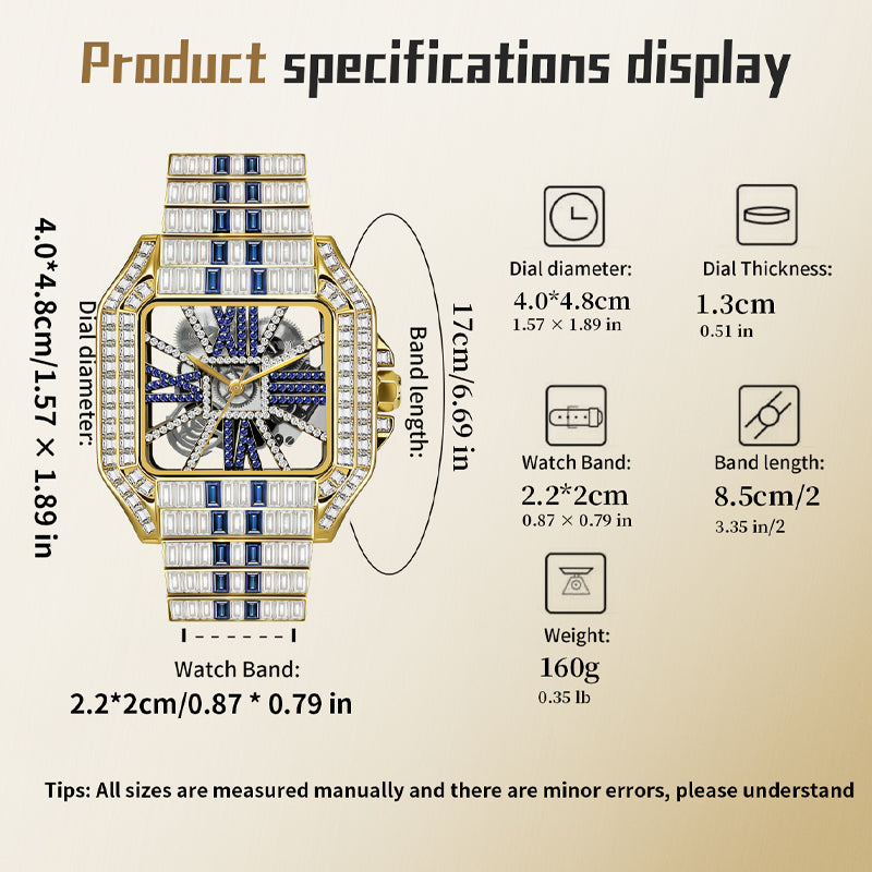 PRECIOUS 8208 Live Edition Men's Iced Out Watch - Luxury Baguette Crystals Encrusted Square Case Fully Skeleton See Through Dial Metal Band Hiphop Wristwatch