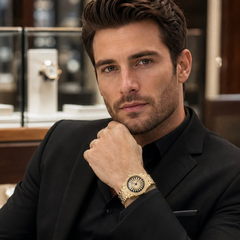 LOOK WORLD RKS1006 Live Edition Men's Iced Out Watch - Luxury Full Crystals Encrusted Bold Case Creative Spinning Sunburst Dial Metal Band Hiphop Wristwatch