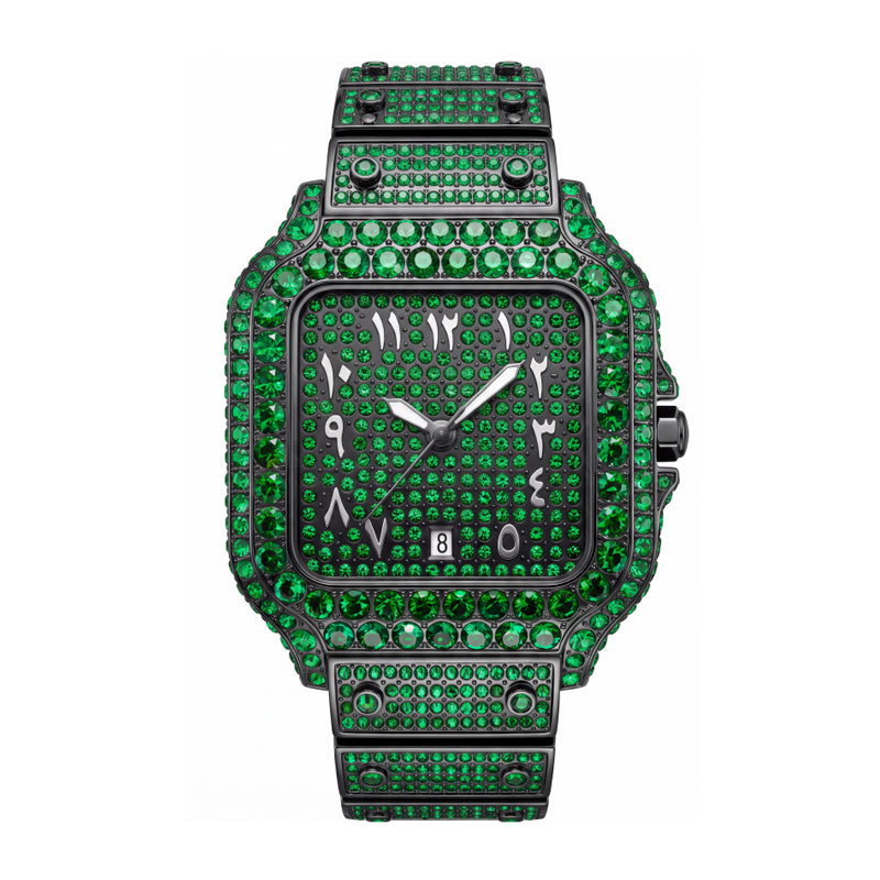 BB8237 Live Edition Men's Fully Iced Out Square Quartz Watch - 43mm Gem Bezel Arabic-Indic Numerals Pave Diamond Dial 6H Date Metal Band Wristwatch