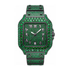 BB8237 Live Edition Men's Fully Iced Out Square Quartz Watch - 43mm Gem Bezel Arabic-Indic Numerals Pave Diamond Dial 6H Date Metal Band Wristwatch