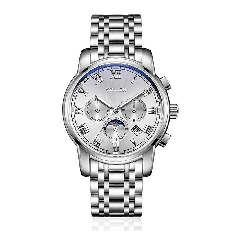 Sollen SL801 Chronograph Watch - Men's Multi-Function Moonphase Sunburst Dial 7-Bead Stainless Steel Bracelet Wristwatch