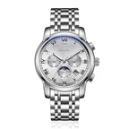 Sollen SL801 Chronograph Watch - Men's Multi-Function Moonphase Sunburst Dial 7-Bead Stainless Steel Bracelet Wristwatch