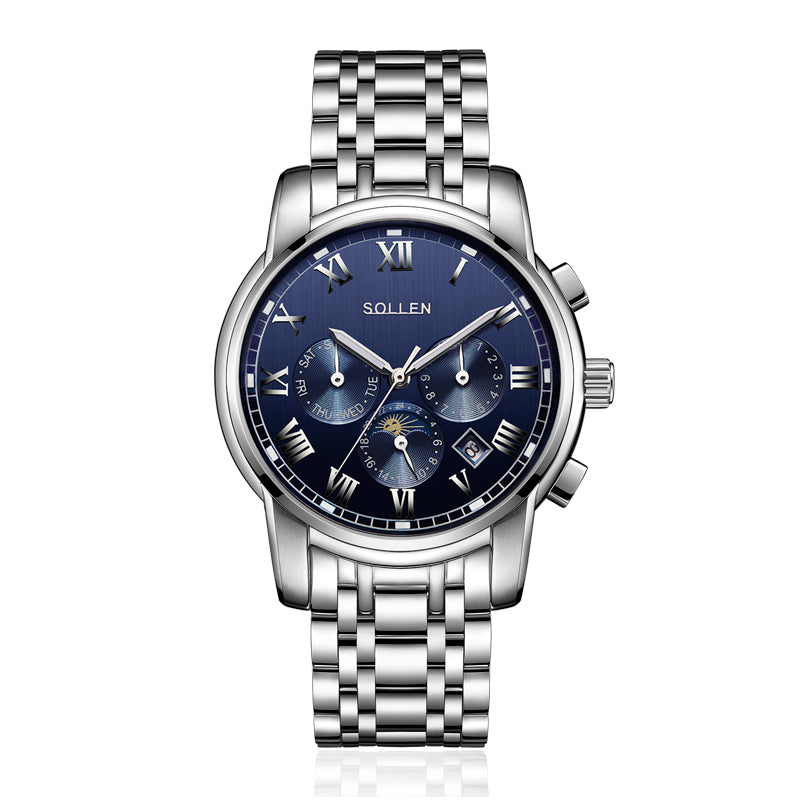 Sollen SL801 Chronograph Watch - Men's Multi-Function Moonphase Sunburst Dial 7-Bead Stainless Steel Bracelet Wristwatch