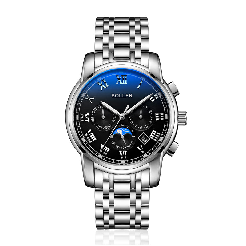 Sollen SL801 Chronograph Watch - Men's Multi-Function Moonphase Sunburst Dial 7-Bead Stainless Steel Bracelet Wristwatch