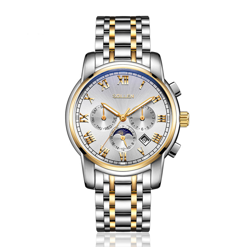 Sollen SL801 Chronograph Watch - Men's Multi-Function Moonphase Sunburst Dial 7-Bead Stainless Steel Bracelet Wristwatch