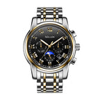 Sollen SL801 Chronograph Watch - Men's Multi-Function Moonphase Sunburst Dial 7-Bead Stainless Steel Bracelet Wristwatch