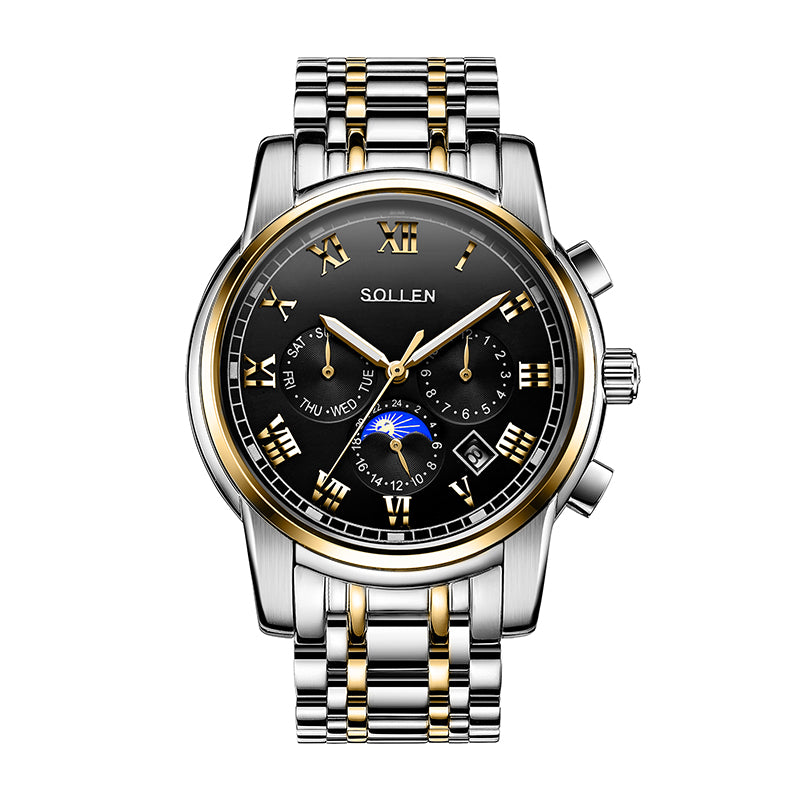 Sollen SL801 Chronograph Watch - Men's Multi-Function Moonphase Sunburst Dial 7-Bead Stainless Steel Bracelet Wristwatch