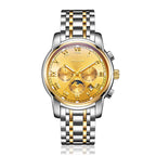 Sollen SL801 Chronograph Watch - Men's Multi-Function Moonphase Sunburst Dial 7-Bead Stainless Steel Bracelet Wristwatch