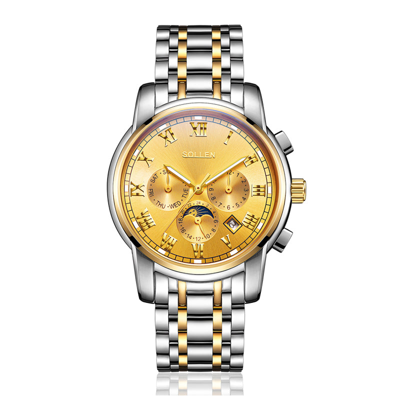 Sollen SL801 Chronograph Watch - Men's Multi-Function Moonphase Sunburst Dial 7-Bead Stainless Steel Bracelet Wristwatch