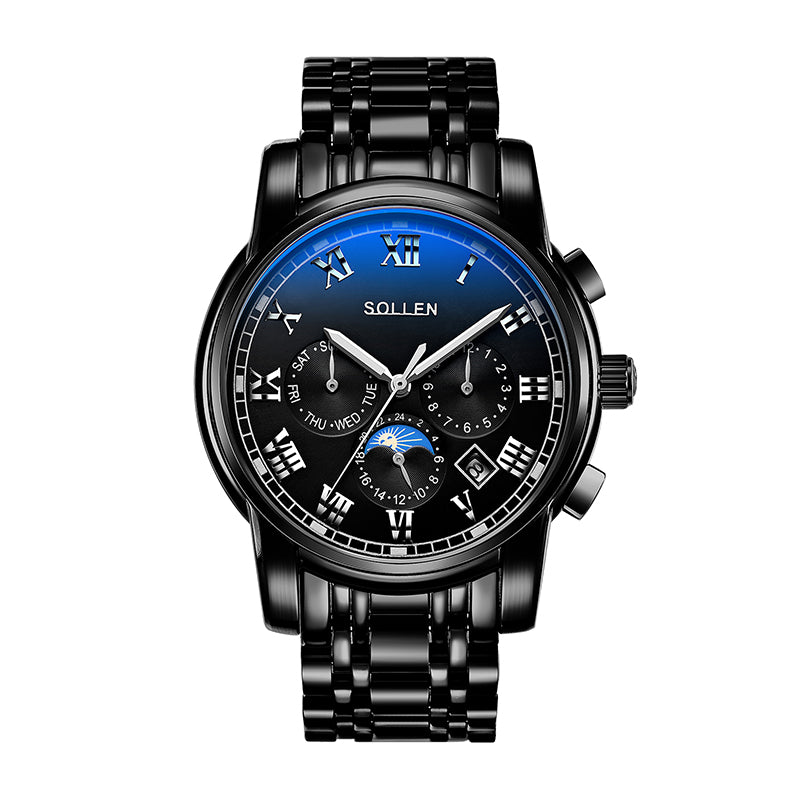 Sollen SL801 Chronograph Watch - Men's Multi-Function Moonphase Sunburst Dial 7-Bead Stainless Steel Bracelet Wristwatch