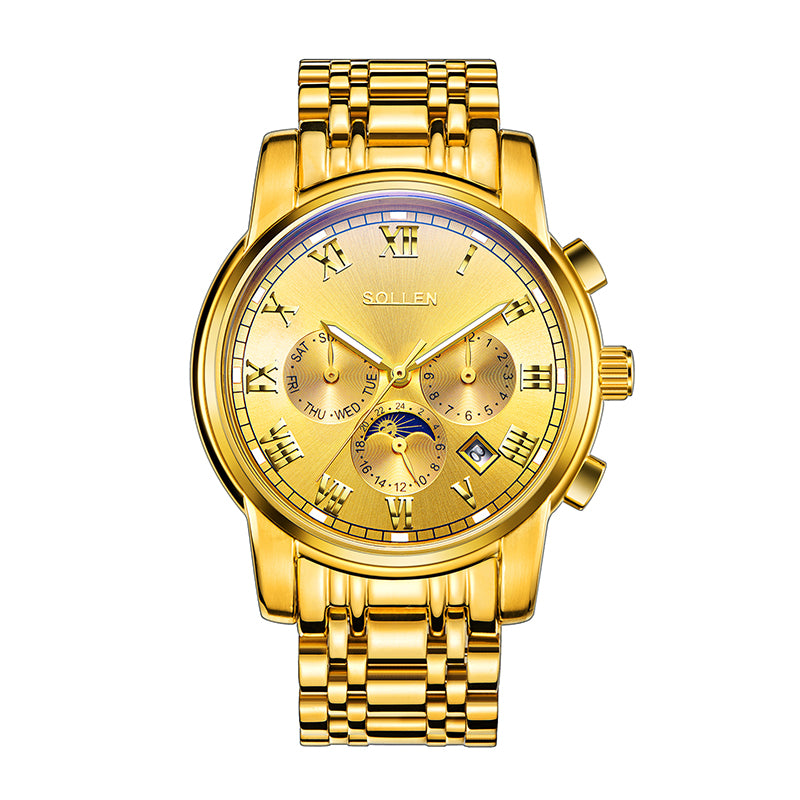 Sollen SL801 Chronograph Watch - Men's Multi-Function Moonphase Sunburst Dial 7-Bead Stainless Steel Bracelet Wristwatch