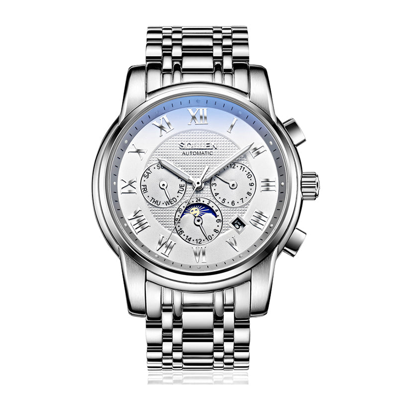 Sollen SL802 Multi-Function Watch - Men's Moonphase Sunburst Dial 7-Bead Stainless Steel Bracelet Wristwatch
