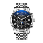 Sollen SL802 Multi-Function Watch - Men's Moonphase Sunburst Dial 7-Bead Stainless Steel Bracelet Wristwatch