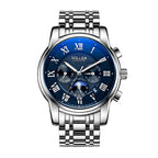Sollen SL802 Multi-Function Watch - Men's Moonphase Sunburst Dial 7-Bead Stainless Steel Bracelet Wristwatch