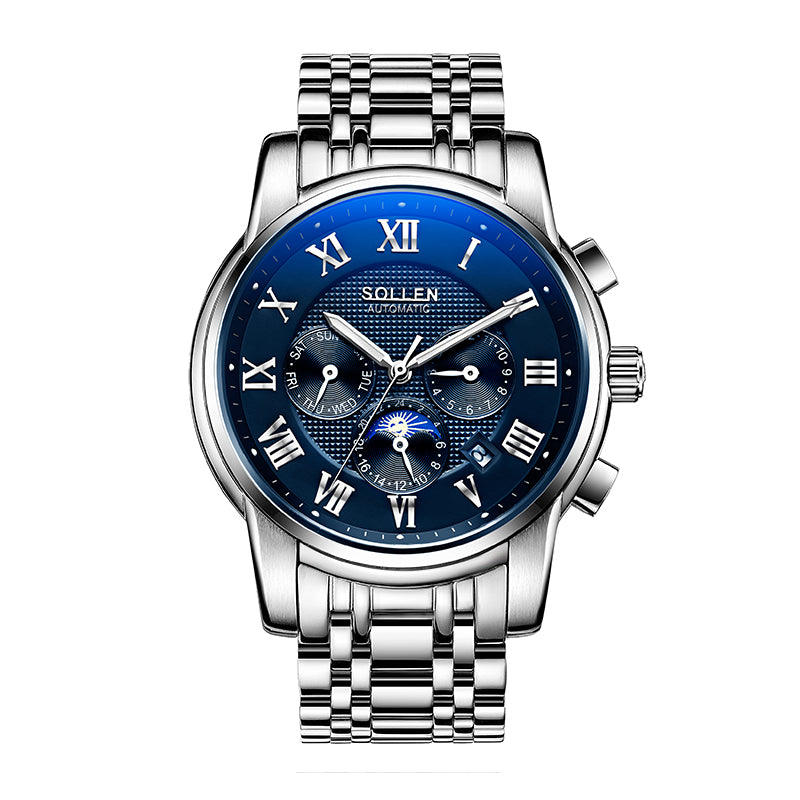 Sollen SL802 Multi-Function Watch - Men's Moonphase Sunburst Dial 7-Bead Stainless Steel Bracelet Wristwatch