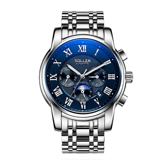 Sollen SL802 Multi-Function Watch - Men's Moonphase Sunburst Dial 7-Bead Stainless Steel Bracelet Wristwatch