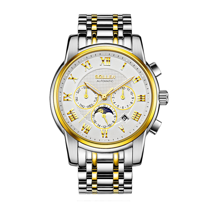 Sollen SL802 Multi-Function Watch - Men's Moonphase Sunburst Dial 7-Bead Stainless Steel Bracelet Wristwatch